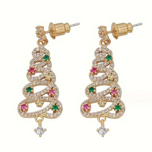 Christmas Tree Dangle Earrings Gold or Silver Tone - Picture 3 of 6
